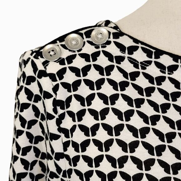 Croft&Barrow Ivory & Black Patterned Bateau Neck Button Detail 3/4 Sleeve Top LP - Picture 6 of 9
